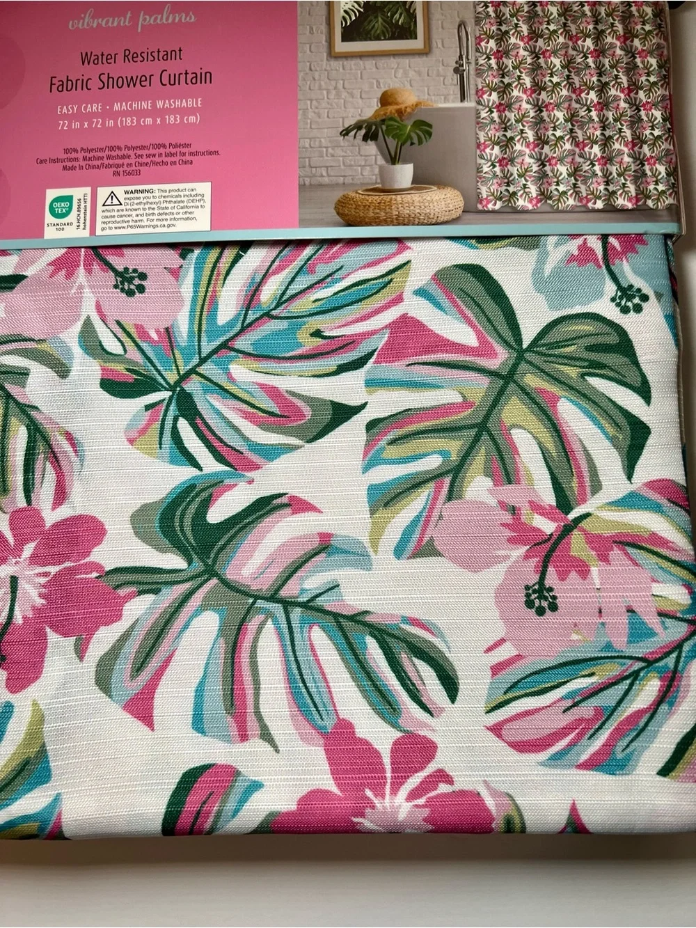 Vibrant Palms Fabric Shower Curtain Pink Blue Green Palm Fronds Hibiscus Flowers